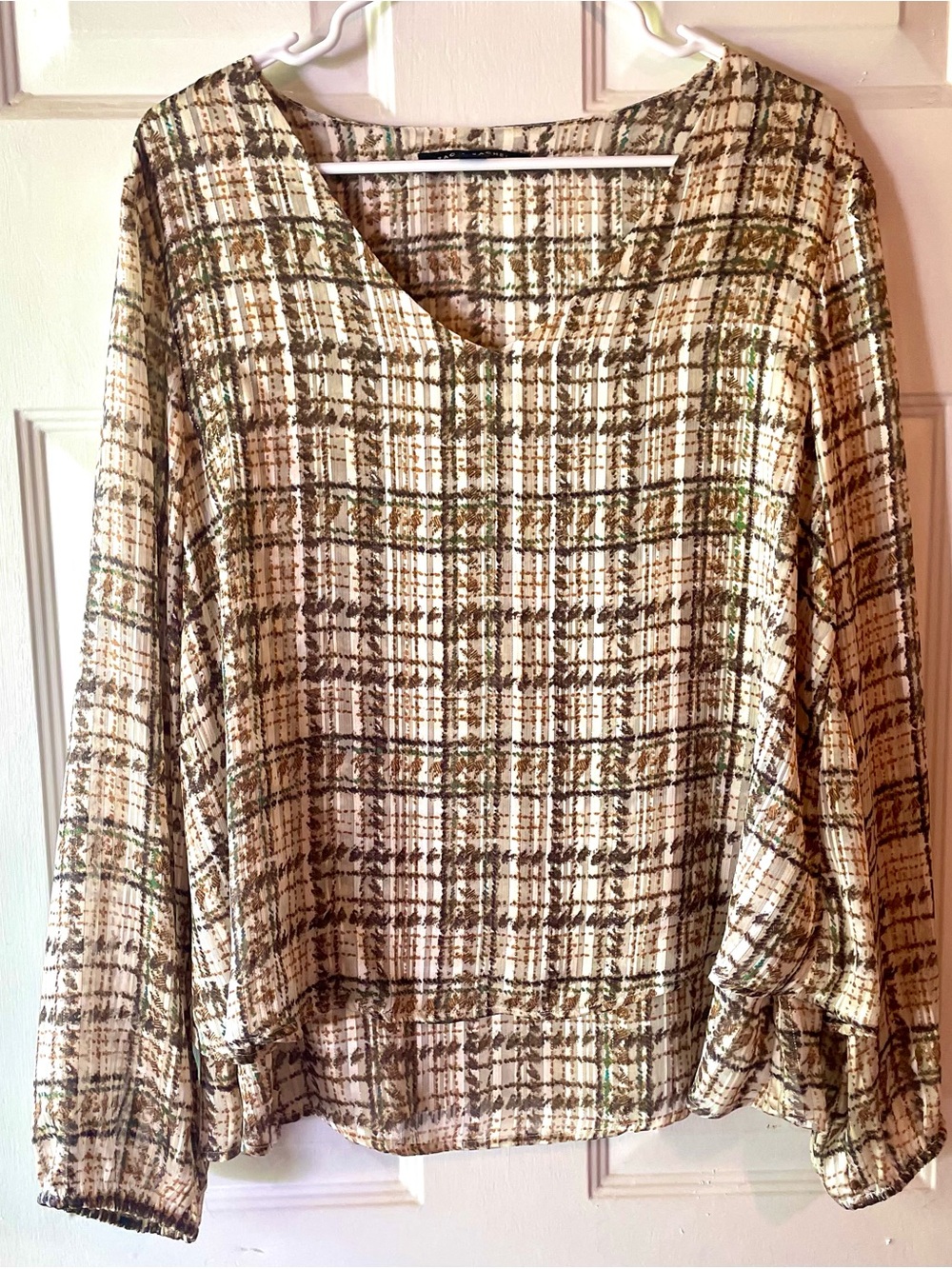 Zac & Rachel Brown Green Gold Cream Check Pattern Long Sleeve Layered Blouse XL
